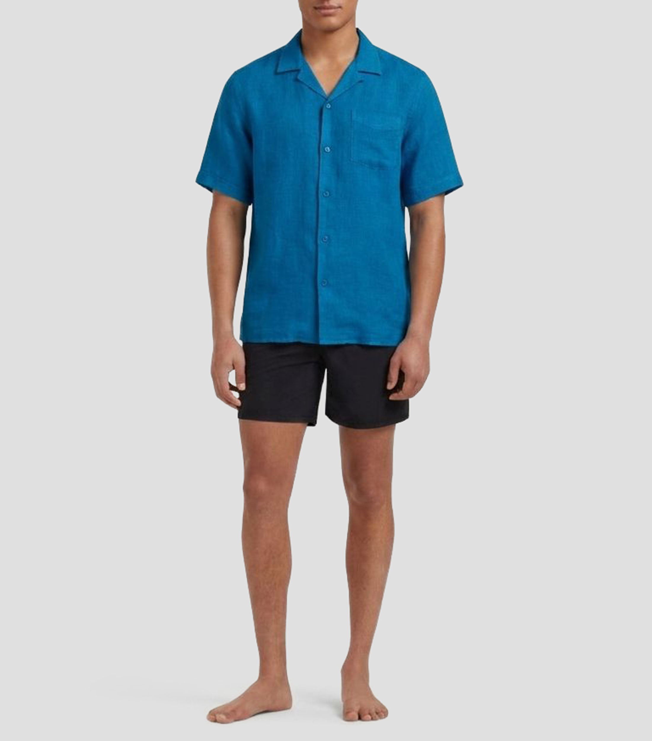 Camisa lisa en lino con manga corta Hombre